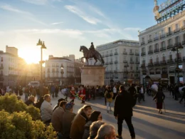 Tłumy ludzi na Plaza Puerta del Sol w Madrycie o zachodzie słońca, z widocznym pomnikiem króla Karola III